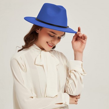 Women's Wide Brim Classic Felt Fedora Hat with Belt Buckle Men Patchwork Leather Band Panama Trilby Hat - B1DU8WKPB