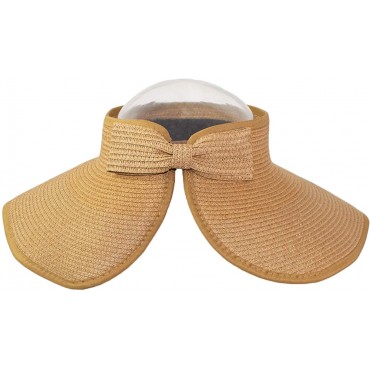 Cute Wide Brim Roll Up Foldable Straw Sun Visor with Bow for Women Large Packable Visor Hat - BC06BOHWW