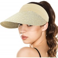 Women Roll Up Straw Sun Visor Hat Wide Brim Foldable Beach Cap Loop Closure and Adjustable Golf Fishing Visor - B39HQ5YL6