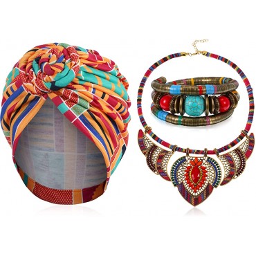 3 Pieces African Hair Wrap Tribal Beaded Bib Choker Colorful Beads Statement Necklace Rainbow Beaded Bracelet for Women - BHISC5JCB