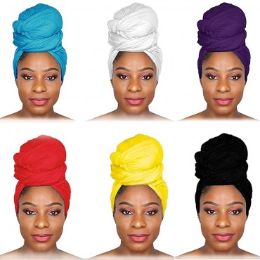 6 Pieces Head Wraps Scarf Long Turban Stretch Jersey Ultra Soft Urban Knit Hair Scarfs Solid Color African Headbands Tie Cotton Breathable Headwrap Fashion Shawls for Women - BJSJDPQ46