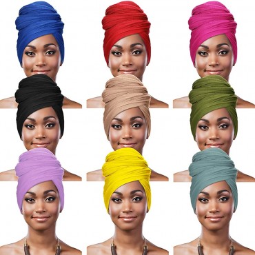 9 Pieces Stretch Head Wraps in 9 Colors Scarf Women African Turban Long Hair Scarf Soft Hair Band Tie Head Scarves for Women - BA80BO6KQ