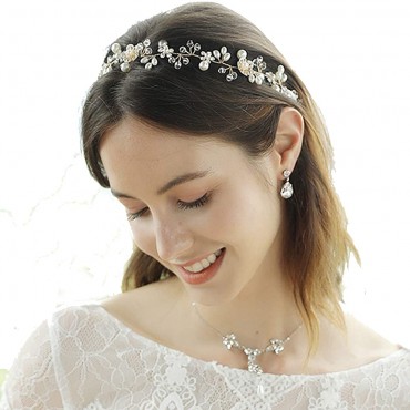 Bridal Hair Vines Crystal Pearls Flower Wedding Hair Accessories Evening Party Tiara Headpiece For Bridesmaid and Flower Girls - B7GOK99PN