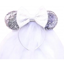 CLGIFT Bride Minnie Mouse Ears Headband White Veil Bride Minnie Ears Honeymoon Ears Wedding Ears Bachelorette Party Ears Silver & White - B9ZDKA06G