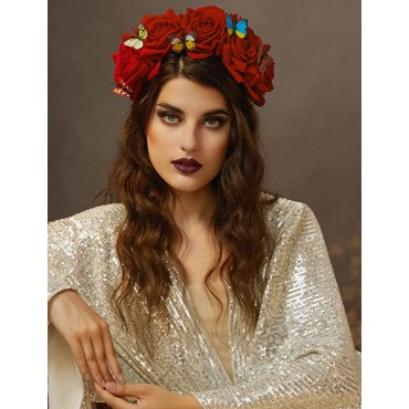 Coucoland Frida Kahlo Mexican Headband Dias de los Muertos Rose Flower Crown Day of the Dead Headpiece Rose Color-1 - BU9AF4PPL
