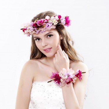 Ever Fairy 2pc set Flower Wreath Garland Headband and Wrist for Wedding Festivals Purple One Size - BLLELO95Z
