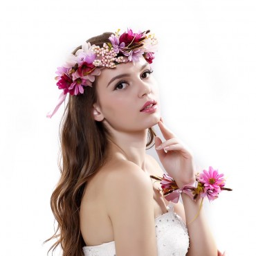 Ever Fairy 2pc set Flower Wreath Garland Headband and Wrist for Wedding Festivals Purple One Size - BLLELO95Z