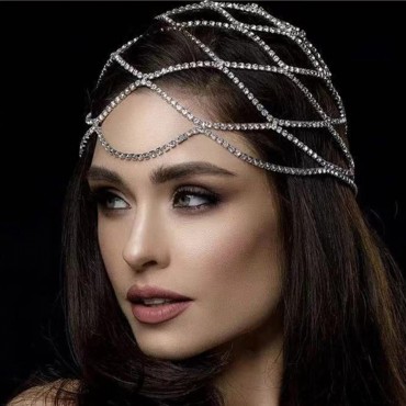 Fdesigner Crytsal Head Chain Silver Cap Headpieces Party Rhinestone Flapper Hairpieces Jewelry Gatsby Belly Dance Cleopatra Hair Accessories for Women - BG3PRKXSF