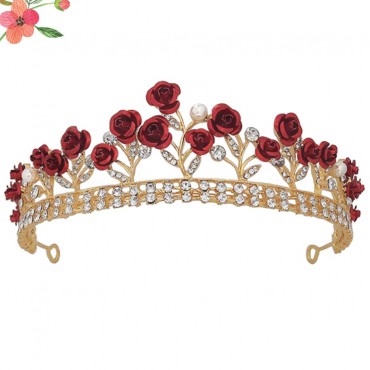 Lurrose Bridal Wedding Queen Crowns and Tiaras Rose Flower Baroque Princess Crown Headbands Headpiece Hair Jewelry for Wedding Engagement Party,Halloween - BEAVE0ANM