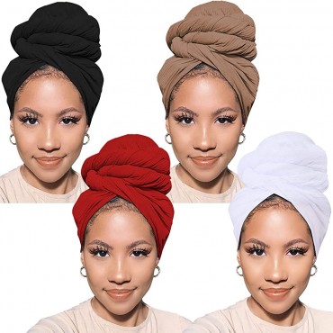 PWEOUKE 4 Packs Stretch Turban Knit Head Wrap Scarf Soft African Headwraps for Women Solid Color Urban Long Breathable Head Band Tie - BA3GJ56SI