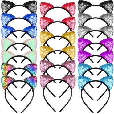 WXJ13 20 Pieces Cat Ears Headbands Reversible sequin headband Cute Cat Headbands - BBHH3IS1T