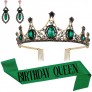 Zipoka Birthday Queen Birthday Sash for Women Premium Rhinestone Birthday Tiara Crown & Earring Kit Emerald Green Birthday Crowns for Women Girls Happy Birthday Sash and Tiara for Women - BI061PUKS