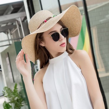 Adrinfly Women Foldable Floppy Wide Brim Straw Sun Hat Travel Packable Adjustable Summer Beach Accessories Hat UV UPF 50+ - B7OY7MOLV