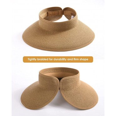 FURTALK Sun Visor Hats for Women Wide Brim Straw Roll Up Ponytail Summer Beach Hat UV UPF Packable Foldable Travel - B8CK7UETW