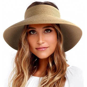 FURTALK Sun Visor Hats for Women Wide Brim Straw Roll Up Ponytail Summer Beach Hat UV UPF Packable Foldable Travel - B8CK7UETW