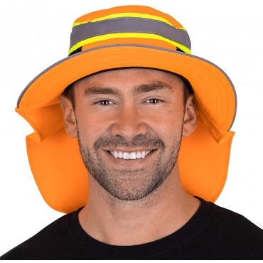 Hi-Visibility Reflective Safety Polyester UPF 50+ Sun Hat Wide Brim with Neck Flap Breathable Boonie Hat Bucket Cap - BPZ7BNVPZ