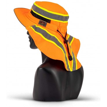 Hi-Visibility Reflective Safety Polyester UPF 50+ Sun Hat Wide Brim with Neck Flap Breathable Boonie Hat Bucket Cap - BPZ7BNVPZ