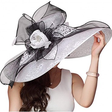 June's Young Women Hats Summer Big Hat Wide Brim Top Flower White Black - B33K12ZGG