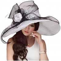 June's Young Women Hats Summer Big Hat Wide Brim Top Flower White Black - B33K12ZGG