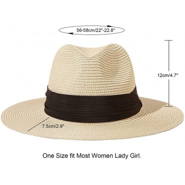 Lanzom Women Wide Brim Straw Panama Roll up Hat Belt Buckle Fedora Beach Sun Hat UPF50+ - BKWFT67H4