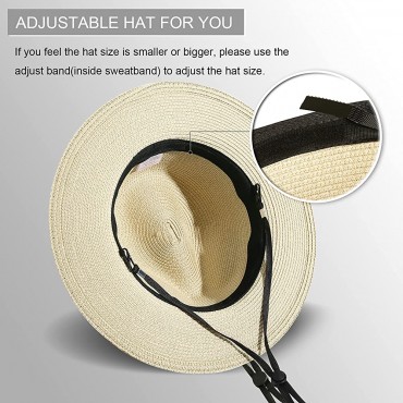 Lanzom Women Wide Brim Straw Panama Roll up Hat Belt Buckle Fedora Beach Sun Hat UPF50+ - BKWFT67H4