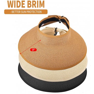 MEINICY 3PCS Foldable Straw Sun Visor Hats for Women Wide Brim Ponytail Summer Beach Hat Protect Your Skin Easily Nature+Black+Beige 3PCS - BP4PRVWM1