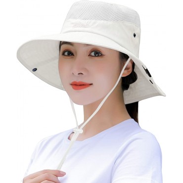 Mukeyo Womens Ponytail Sun Hat Summer Wide Brim Outdoor UV Protection Mesh Bucket Cap for Beach Fishing Gardening - BKNH65BKX