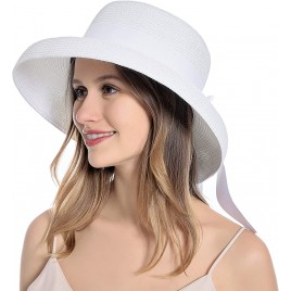 Muryobao Womens Sun Straw Hat Summer UV Protection Travel Foldable Brim Bucket Hat Vintage Cloche Beach Fishing Cap - BQF0U5S6O