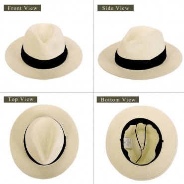 Panama Straw Hats for Women Summer Beach Sun Hat Wide Brim Fedora Cap UPF50+ - B5GJN8HGH