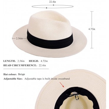 Panama Straw Hats for Women Summer Beach Sun Hat Wide Brim Fedora Cap UPF50+ - B5GJN8HGH