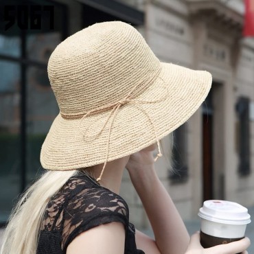 RIONA Women's Summer Hand-Woven Foldable Wide Brim Fisherman 100% Raffia Straw Sun Hat - BLUN8XW8W