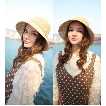 RIONA Women's Summer Hand-Woven Foldable Wide Brim Fisherman 100% Raffia Straw Sun Hat - BLUN8XW8W