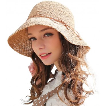 RIONA Women's Summer Hand-Woven Foldable Wide Brim Fisherman 100% Raffia Straw Sun Hat - B20BVLP54