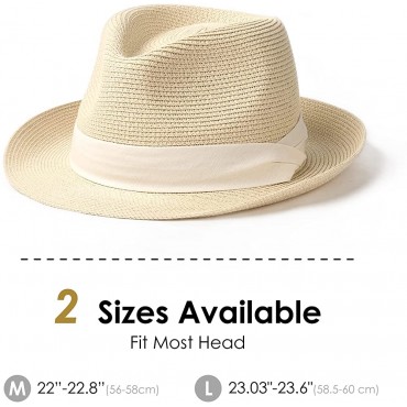 Straw Fedora Sun Hats for Women Men Summer Sun Beach Hat Packable Short Brim Roll Up Straw Panama Fedora Hat - BX5YIJK59
