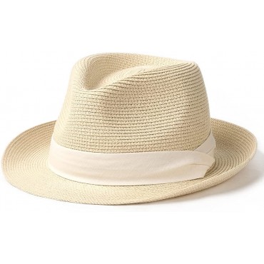 Straw Fedora Sun Hats for Women Men Summer Sun Beach Hat Packable Short Brim Roll Up Straw Panama Fedora Hat - BX5YIJK59