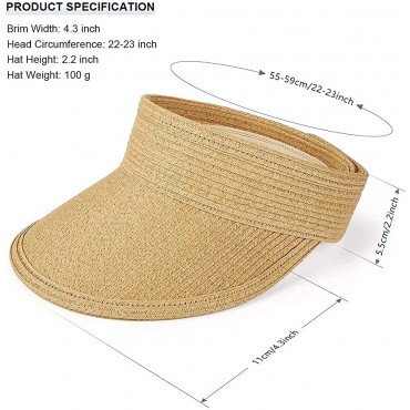 Straw Visor Hats for Women Foldable Wide Brim Roll-up Beach Ponytail Hats Sun Protection for Golf - BDW7ERA2T