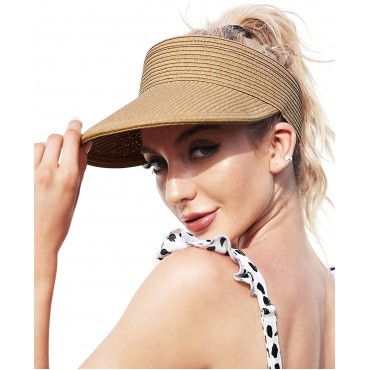 Straw Visor Hats for Women Foldable Wide Brim Roll-up Beach Ponytail Hats Sun Protection for Golf - BDW7ERA2T
