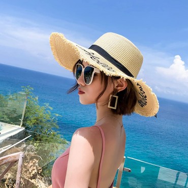 Women Beach Sun Hats UPF 50+ Foldable Bold Cursive Embroidered Dome Floppy Ladies Bowknot Big Brim Straw Hat-Vocation,Travel - B4SF0FTQN