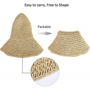 Women Straw Hat Wide Brim Beach Sun Cap Foldable Large Lady Floppy 100% Natural Paper Braided for Travel Decoration Summer Vacation Soft Lightweight and Breathable Beige - BYTR2CQGR