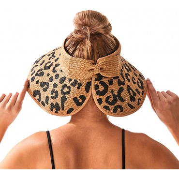 Women Sun Visors Wide Brim Foldable Packable Ponytail Beach Hat Straw Leopard Roll Up Bow Visor Sun Hats - BYGY2T5DF