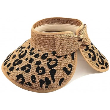 Women Sun Visors Wide Brim Foldable Packable Ponytail Beach Hat Straw Leopard Roll Up Bow Visor Sun Hats - BYGY2T5DF