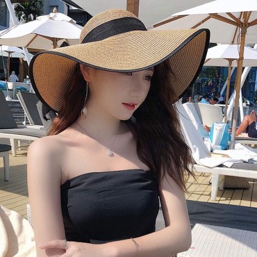 Women's Folable Floppy Hat,Wide Brim Sun Protection Straw Hat Summer UV Protection Beach Cap - BCJZ7UGUT