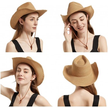 Womens Straw Cowboy Hat Shapeable Floppy Sun Hat Wide Birm Fedora Panama Hat for Beach - B9X6PIKE9