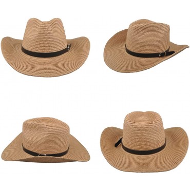 Womens Straw Cowboy Hat Shapeable Floppy Sun Hat Wide Birm Fedora Panama Hat for Beach - B9X6PIKE9