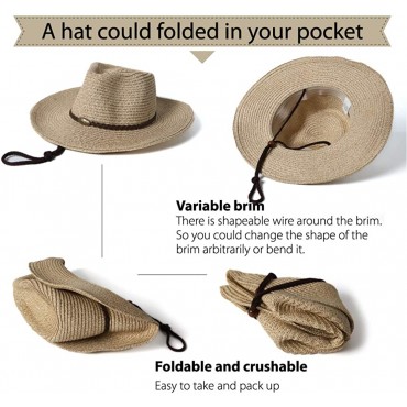 Womens Straw Sun Hat Classic Flat Beach Hat Mens Garden Hat Cowboy Style Hat with Wind Lanyard UPF 50+ Summer Hat - BCM0WS43M