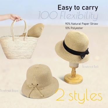 Womens Sun Straw Hat with Bowknot Belt UPF 50+ Foldable Brim Sun UV Protection Summer Beach Hat - B0WJAKU20