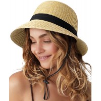Womens Sun Straw Hat with Bowknot Belt UPF 50+ Foldable Brim Sun UV Protection Summer Beach Hat - B0WJAKU20