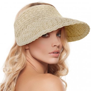 Women's Wide Brim Sun Hats Roll-up Foldable Straw Golf Visor Hat - BO35HP5UI