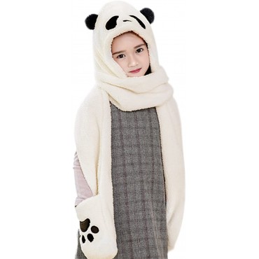 Women Girls Cute Panda Animal Winter Hats 3 in 1 Warm Plush Hoodie Cap Paw Gloves Mitten Scarf Set - BMWDPWG7L