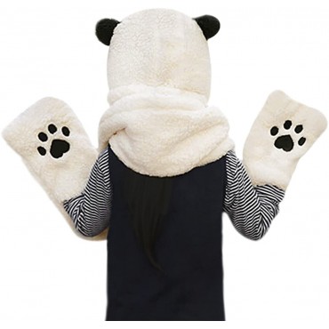 Women Girls Cute Panda Animal Winter Hats 3 in 1 Warm Plush Hoodie Cap Paw Gloves Mitten Scarf Set - BMWDPWG7L